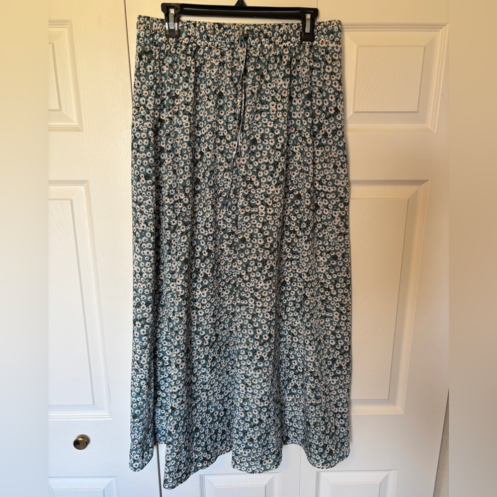 Teal Floral Maxi Skirt with Elastic Waist